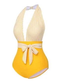 Yellow 1950s Halter Striped Patchwork Swimsuit -Retro Pulse Shop SCXL000328 2