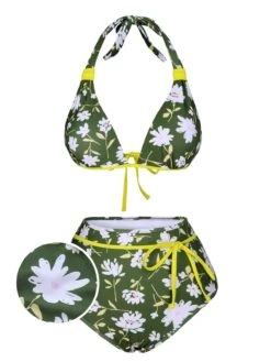 [Pre-Sale] Dark Green 1940s Halter Bow Floral Swimsuit