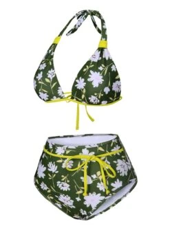 [Pre-Sale] Dark Green 1940s Halter Bow Floral Swimsuit -Retro Pulse Shop SCXL000329 2 compressed