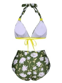 [Pre-Sale] Dark Green 1940s Halter Bow Floral Swimsuit -Retro Pulse Shop SCXL000329 3 compressed