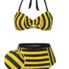 Yellow & Black 1970s Striped Bow Halter Swimsuit -Retro Pulse Shop SCXL000330 01