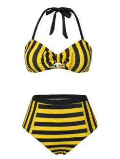 Yellow & Black 1970s Striped Bow Halter Swimsuit -Retro Pulse Shop SCXL000330 1