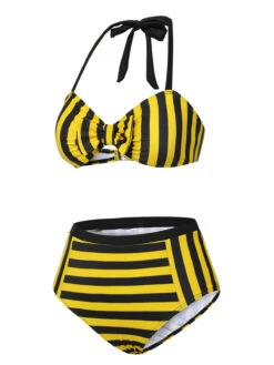 Yellow & Black 1970s Striped Bow Halter Swimsuit -Retro Pulse Shop SCXL000330 2