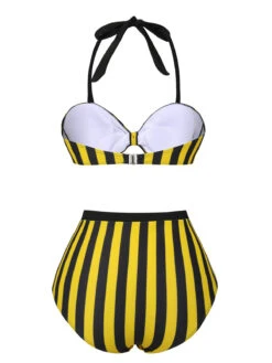Yellow & Black 1970s Striped Bow Halter Swimsuit -Retro Pulse Shop SCXL000330 3