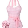 Pink 1940s Plaid Halter One-Piece Swimsuit -Retro Pulse Shop SCXL000334 01