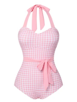 Pink 1940s Plaid Halter One-Piece Swimsuit -Retro Pulse Shop SCXL000334 1