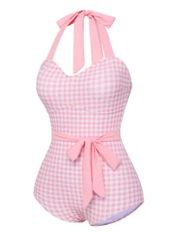 Pink 1940s Plaid Halter One-Piece Swimsuit -Retro Pulse Shop SCXL000334 2