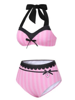 [Pre-Sale] Pink & Black 1950s Stripe Halter Swimsuit -Retro Pulse Shop SCXL000335 2