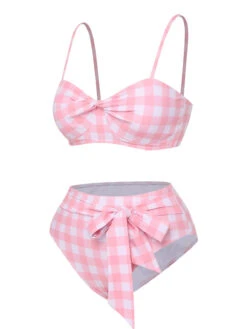 [Pre-Sale] Pink 1940s Spaghetti Strap Plaid Bow Swimsuit -Retro Pulse Shop SCXL000338 2