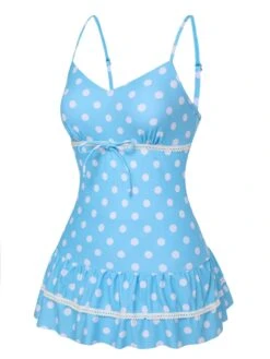 Blue 1940s Spaghetti Strap Polka Dots One-Piece Swimsuit -Retro Pulse Shop SCXL000339 2 compressed