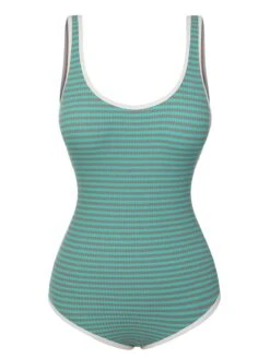 Green 1950s Stripes Backless One-Piece Swimsuit