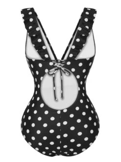 Black 1950s Polka Dot Ruffle V-Neck Swimsuit -Retro Pulse Shop SCXL000345 3