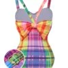 [Pre-Sale] Multicolor 1970s Rainbow Plaid Bow Swimsuit -Retro Pulse Shop SCXL000355 01
