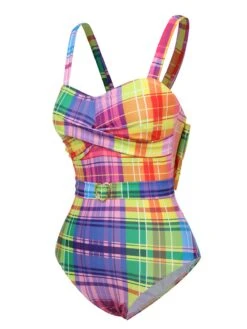 [Pre-Sale] Multicolor 1970s Rainbow Plaid Bow Swimsuit -Retro Pulse Shop SCXL000355 2