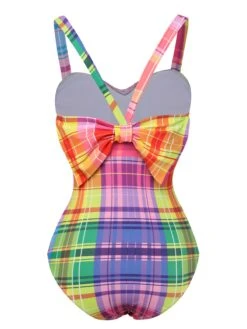 [Pre-Sale] Multicolor 1970s Rainbow Plaid Bow Swimsuit -Retro Pulse Shop SCXL000355 3