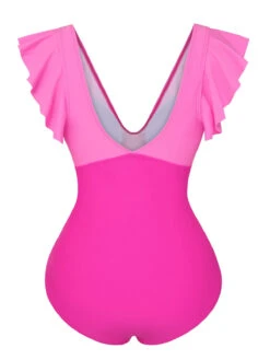 Rose Red 1930s Ruffle Sleeves Patchwork Swimsuit -Retro Pulse Shop SCXL000361 3