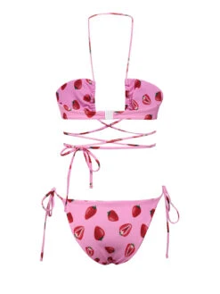Pink 1950s Strawberry Waist Tie Halter Bikini Set -Retro Pulse Shop SCXL000362 3
