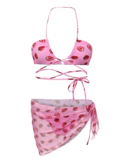 Pink 1950s Strawberry Waist Tie Halter Bikini Set -Retro Pulse Shop SCXL000362 5