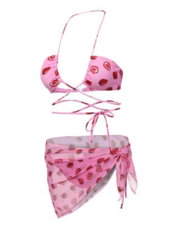 Pink 1950s Strawberry Waist Tie Halter Bikini Set -Retro Pulse Shop SCXL000362 6