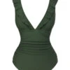 Army Green 1950s Solid Ruffles V-Neck Swimsuit 2 Army Green 1950s Solid Ruffles V-Neck Swimsuit -Retro Pulse Shop SCXL000365 1