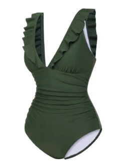 Army Green 1950s Solid Ruffles V-Neck Swimsuit -Retro Pulse Shop SCXL000365 2