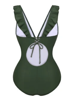 Army Green 1950s Solid Ruffles V-Neck Swimsuit -Retro Pulse Shop SCXL000365 3