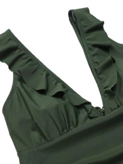Army Green 1950s Solid Ruffles V-Neck Swimsuit -Retro Pulse Shop SCXL000365 4