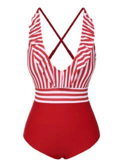 1950s Color Contrast Striped Ruffle Swimsuit