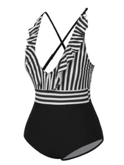 1950s Color Contrast Striped Ruffle Swimsuit -Retro Pulse Shop SCXL000377 10