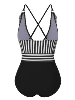 1950s Color Contrast Striped Ruffle Swimsuit -Retro Pulse Shop SCXL000377 11