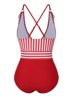 1950s Color Contrast Striped Ruffle Swimsuit -Retro Pulse Shop SCXL000377 3