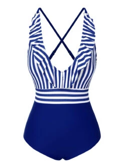1950s Color Contrast Striped Ruffle Swimsuit -Retro Pulse Shop SCXL000377 5