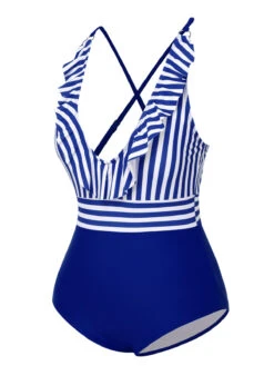 1950s Color Contrast Striped Ruffle Swimsuit -Retro Pulse Shop SCXL000377 6