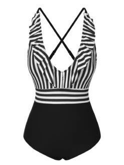 1950s Color Contrast Striped Ruffle Swimsuit -Retro Pulse Shop SCXL000377 9