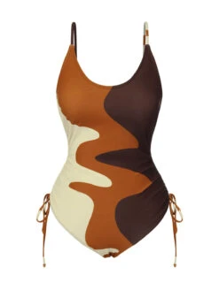 1950s Drawstring Waves Color Block Swimsuit -Retro Pulse Shop SCXL000378 1