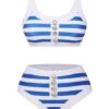 Blue & White 1950s Stripes Buttons Swimsuit -Retro Pulse Shop SCXL000380 1