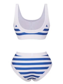 Blue & White 1950s Stripes Buttons Swimsuit -Retro Pulse Shop SCXL000380 3