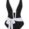 Black 1950s Deep V-Neck Waist Tie Swimsuit -Retro Pulse Shop SCXL000381 1