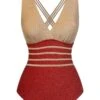 Red 1950s Stripe Patchwork One-Piece Swimsuit -Retro Pulse Shop SCXL000384 1