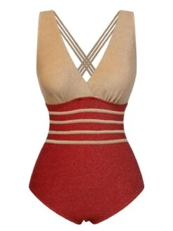 Red 1950s Stripe Patchwork One-Piece Swimsuit