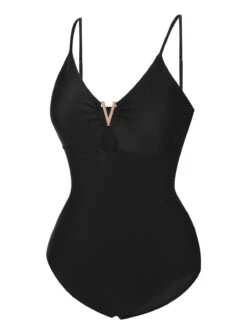 1950s Solid Hollow V-Neck One-Piece Swimsuit -Retro Pulse Shop SCXL000385 7