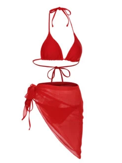 Red 1950s Solid Halter Bikini Set & Cover-Up -Retro Pulse Shop SCXL000393 2