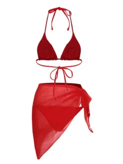 Red 1950s Solid Halter Bikini Set & Cover-Up -Retro Pulse Shop SCXL000393 3