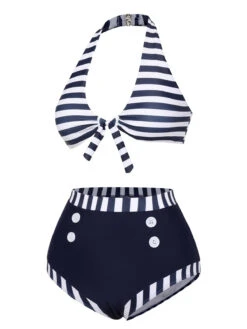 Dark Blue 1930s Stripes Halter Buttons Swimsuit -Retro Pulse Shop SCXL000397 2