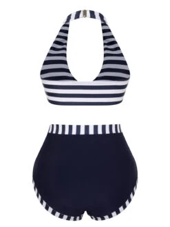 Dark Blue 1930s Stripes Halter Buttons Swimsuit -Retro Pulse Shop SCXL000397 3