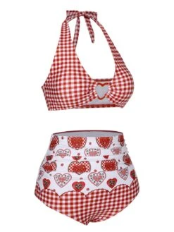 Red 1950s Halter Heart Plaids Swimsuit -Retro Pulse Shop SCXL000406 2 compressed