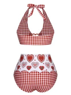 Red 1950s Halter Heart Plaids Swimsuit -Retro Pulse Shop SCXL000406 3 compressed
