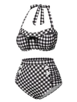 Black 1940s Plaid Halter Swimsuit -Retro Pulse Shop SCXL000407 2