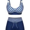 Dark Blue 1940s Stripes Strap Drawstring Swimsuit -Retro Pulse Shop SCXL000408 1