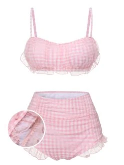 [Pre-Sale] Pink 1940s Spaghetti Strap Mesh Plaids Swimsuit